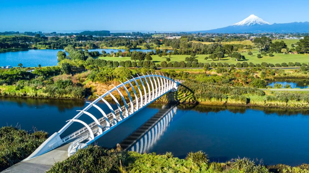 Te Rewa Rewa Bridge with Mount Taranaki in the background