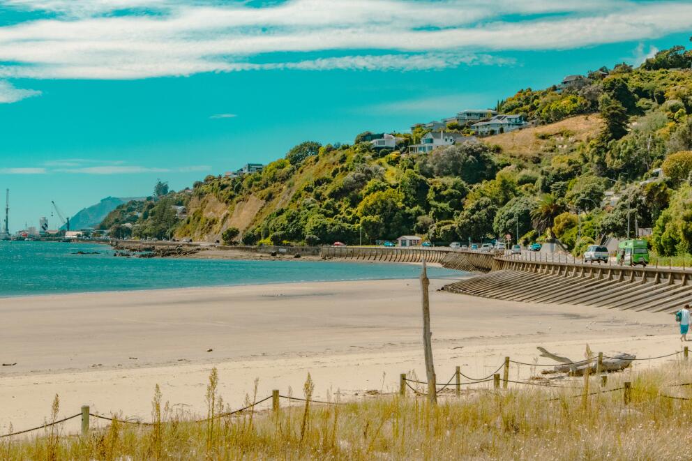 Coastal road in Nelson with houses situated on the Tāhunanui Slump behind