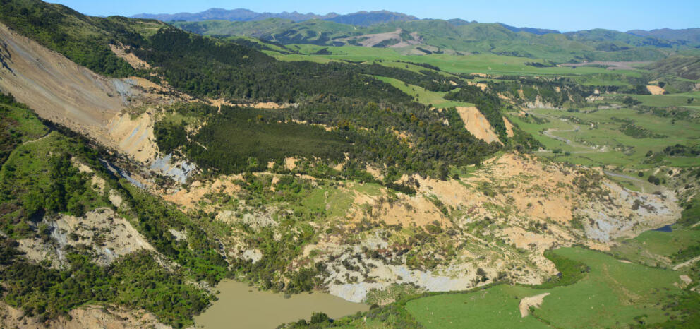 Aerial view of a large landslide in New Zealand hill country