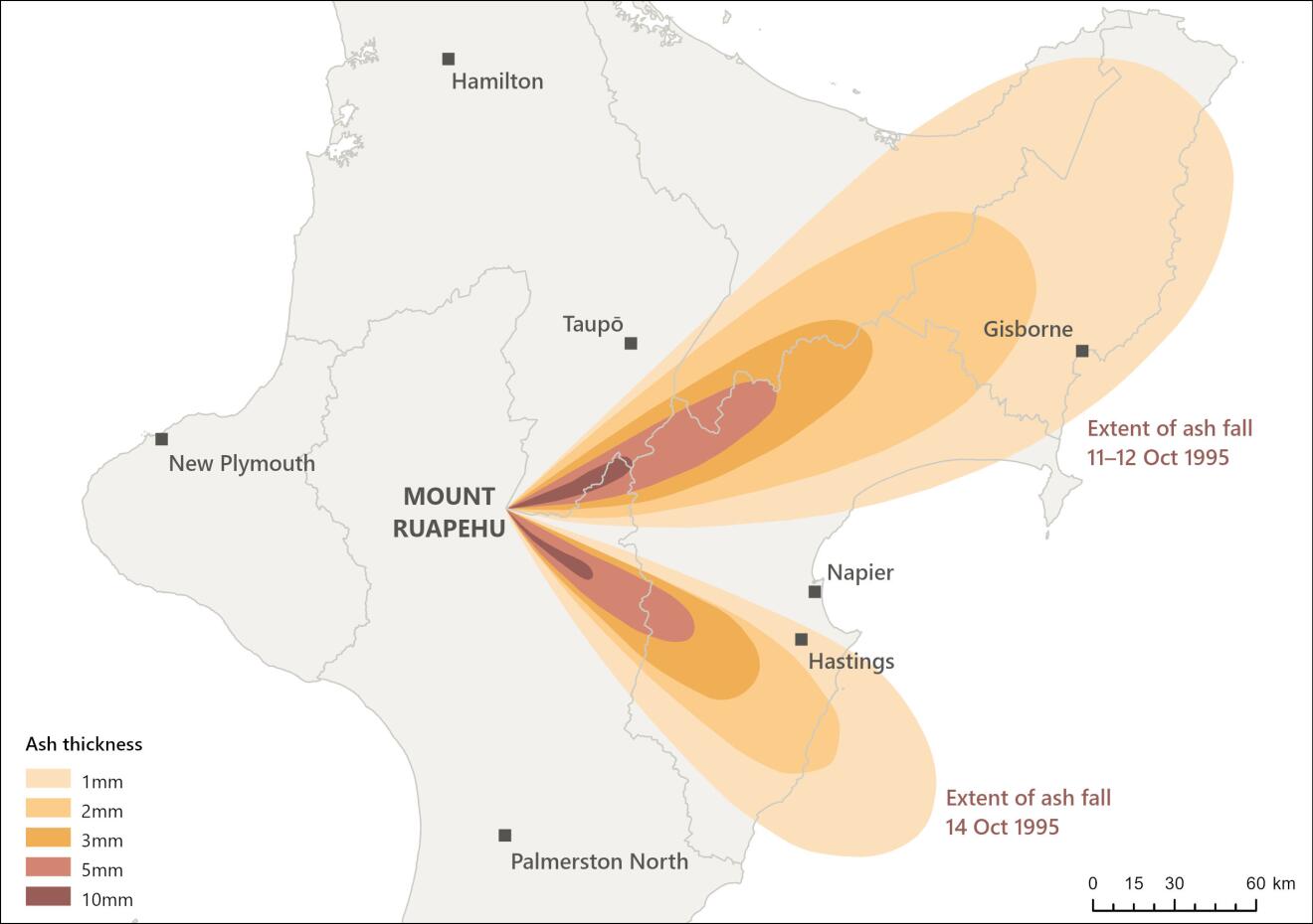 Extent and thickness of the two largest ash falls from the Ruapehu eruptions in 1995–96.