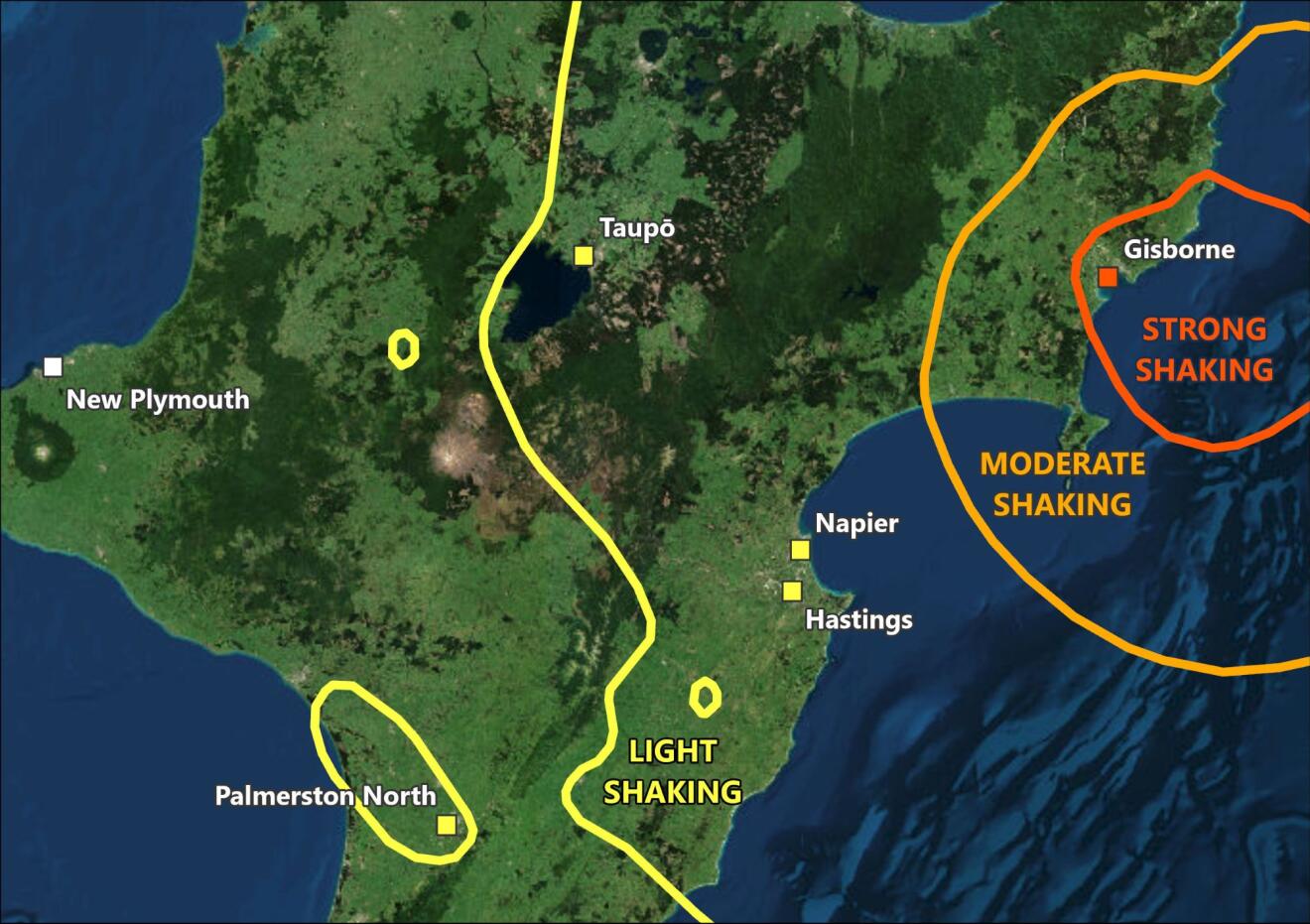 Map showing areas of strong, moderate and light shaking during the 2007 Gisborne earthquake