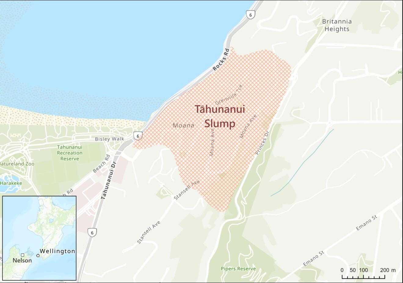 Mapped extent of the Tāhunanui Slump area in Nelson.